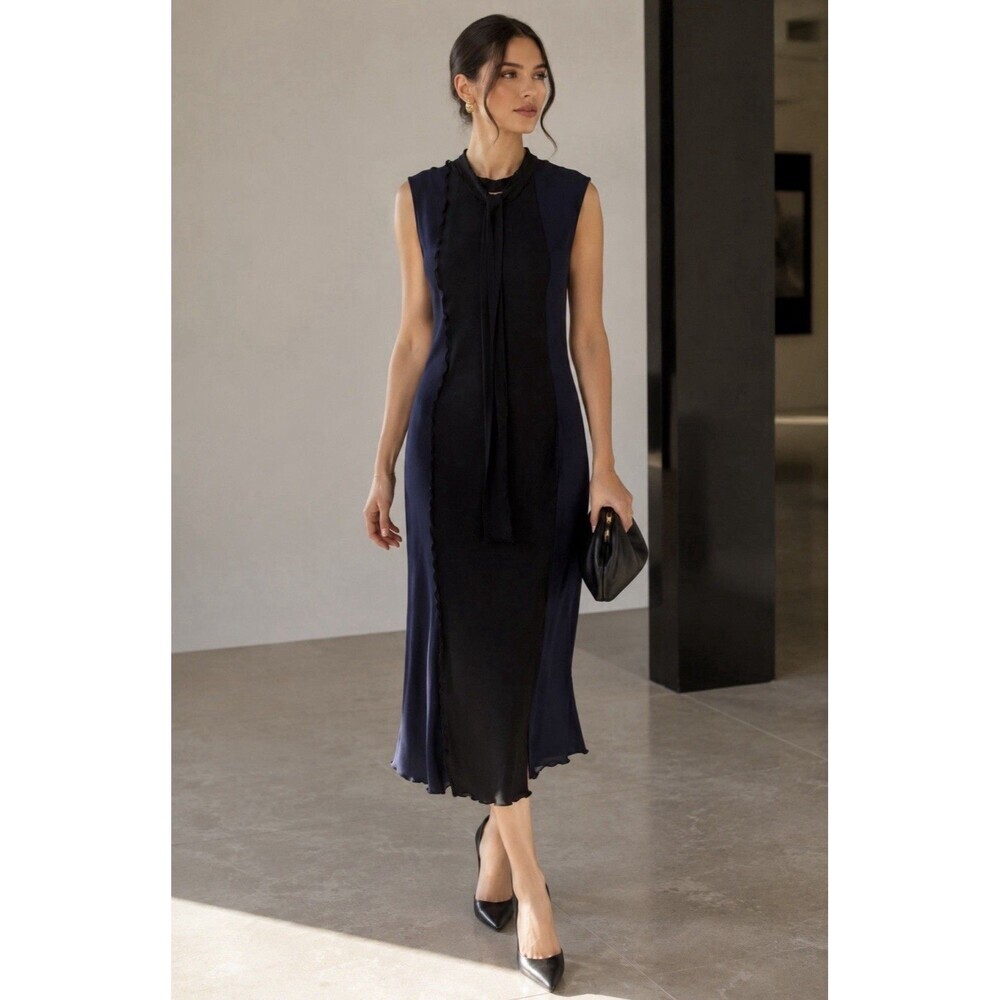 Zara Knit Asymmetrical Combination Color Block Midi Dress Black/Navy Blue Sz S